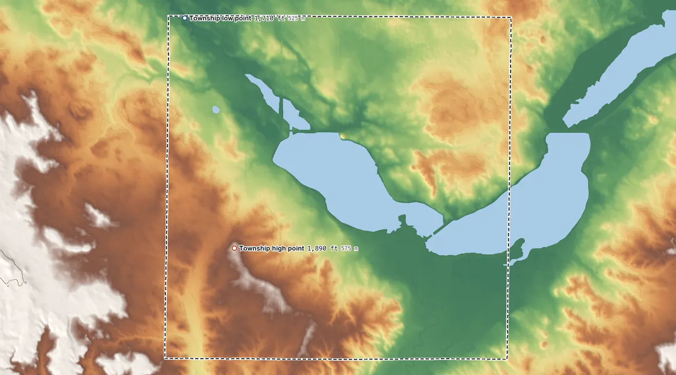 Topographic elevation map of Long Lake Township, North Dakota, shaded from 1,710 ft on the northwest side to 1,890 ft on the southwest side