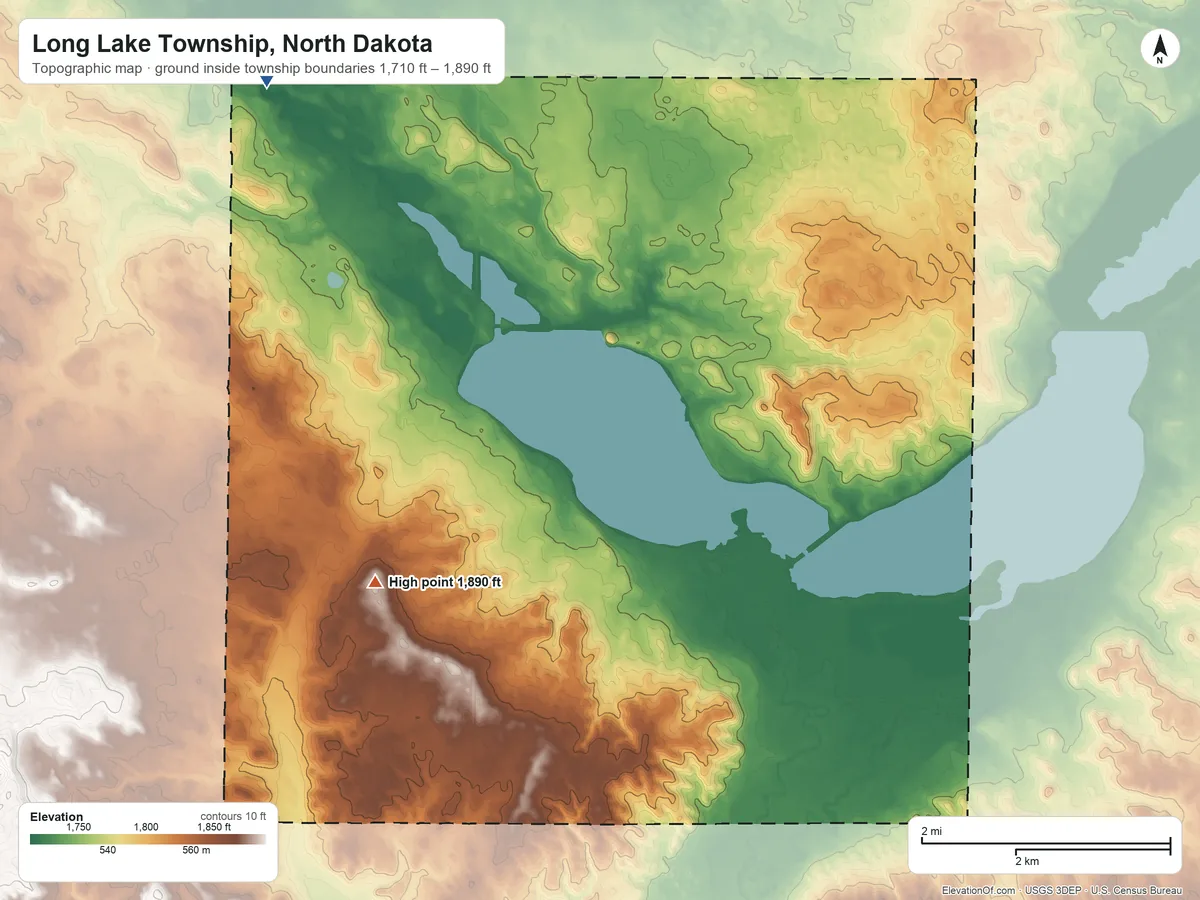 Topographic elevation map of Long Lake Township, North Dakota, shaded from 1,710 ft on the northwest side to 1,890 ft on the southwest side