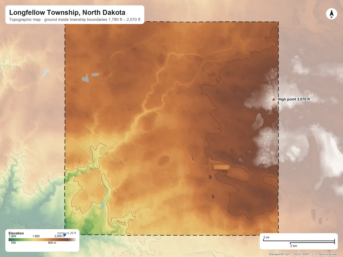 Topographic elevation map of Longfellow Township, North Dakota, shaded from 1,780 ft on the southwest side to 2,070 ft on the northeast side