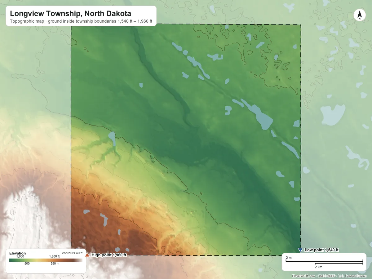 Topographic elevation map of Longview Township, North Dakota, shaded from 1,540 ft on the southeast side to 1,960 ft on the southwest side