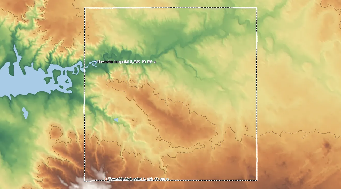 Topographic elevation map of Loquemont Township, North Dakota, shaded from 1,840 ft on the west side to 2,160 ft on the south side