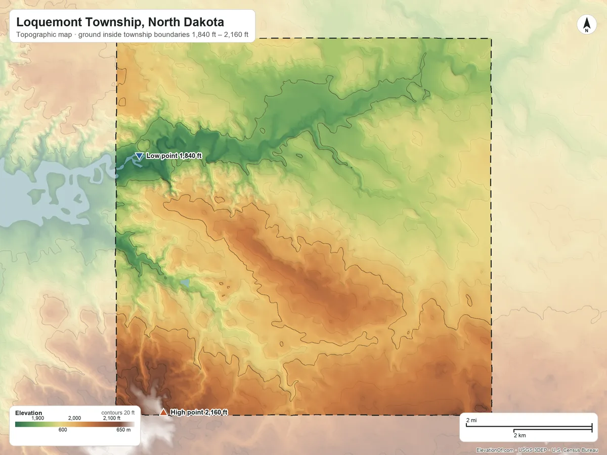 Topographic elevation map of Loquemont Township, North Dakota, shaded from 1,840 ft on the west side to 2,160 ft on the south side