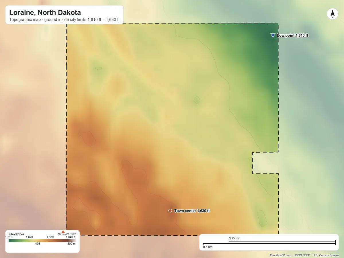 Topographic elevation map of Loraine, North Dakota, shaded from 1,610 ft on the northeast side to 1,630 ft on the west side