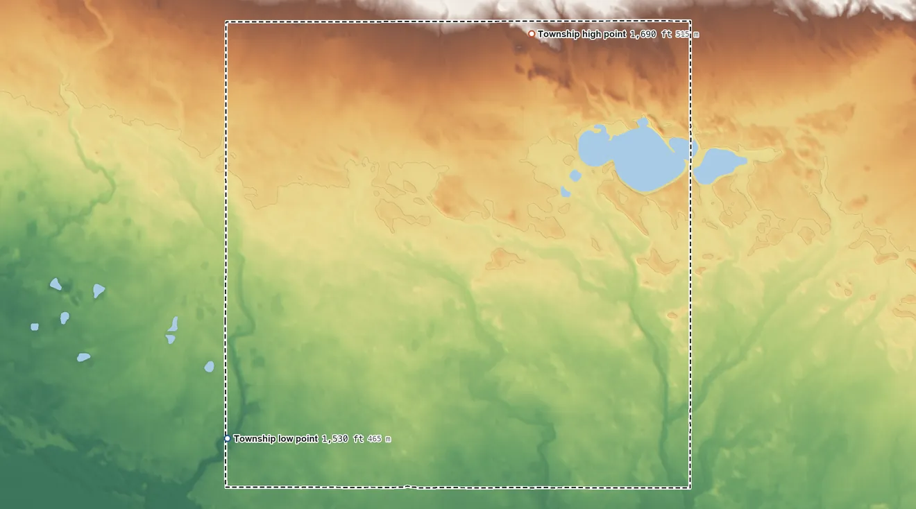 Topographic elevation map of Lordsburg Township, North Dakota, shaded from 1,530 ft on the southwest side to 1,690 ft on the north side