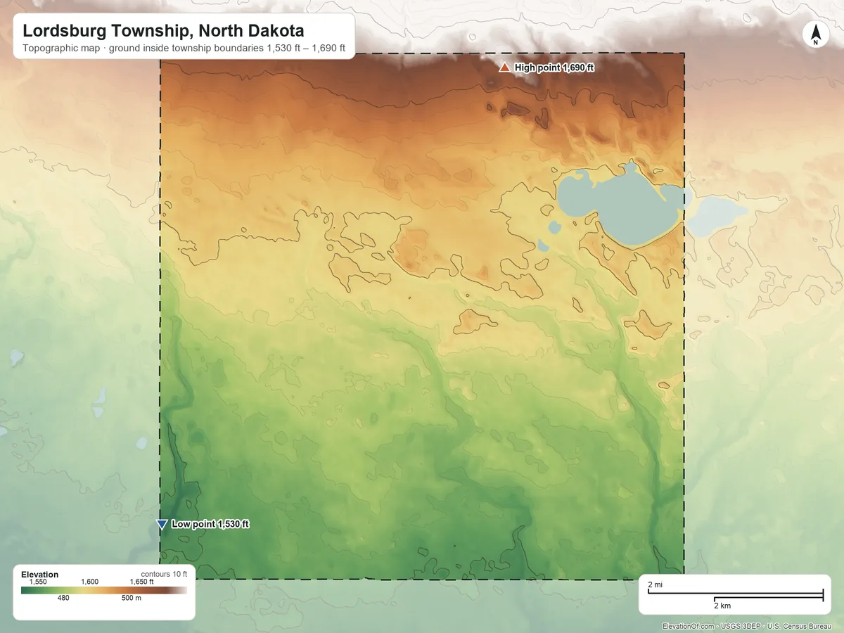 Topographic elevation map of Lordsburg Township, North Dakota, shaded from 1,530 ft on the southwest side to 1,690 ft on the north side