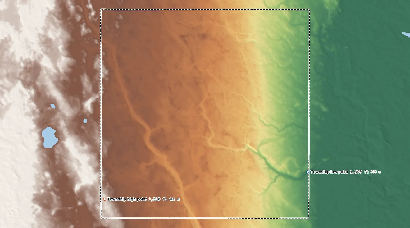 Topographic elevation map of Loretta Township, North Dakota, shaded from 1,300 ft on the southeast side to 1,510 ft on the southwest side