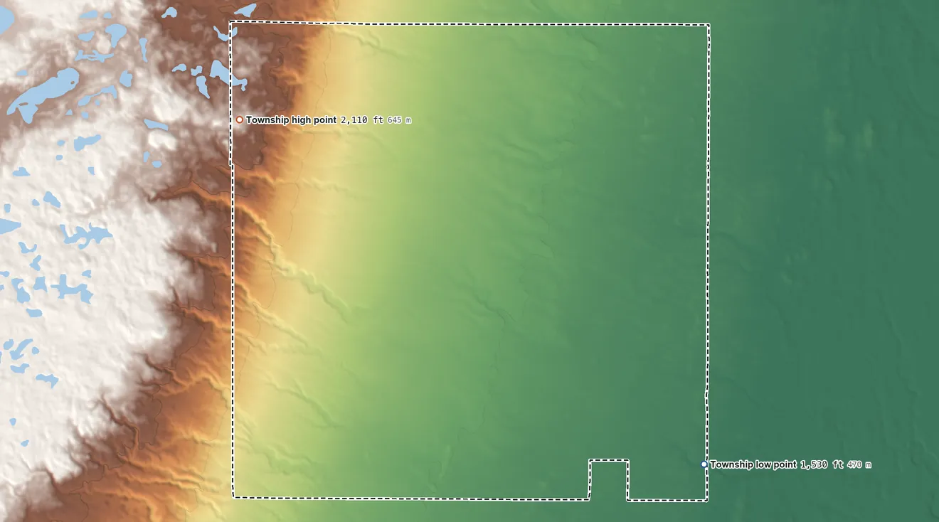 Topographic elevation map of Lorraine Township, North Dakota, shaded from 1,530 ft on the southeast side to 2,110 ft on the northwest side