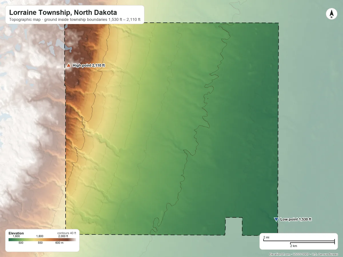 Topographic elevation map of Lorraine Township, North Dakota, shaded from 1,530 ft on the southeast side to 2,110 ft on the northwest side
