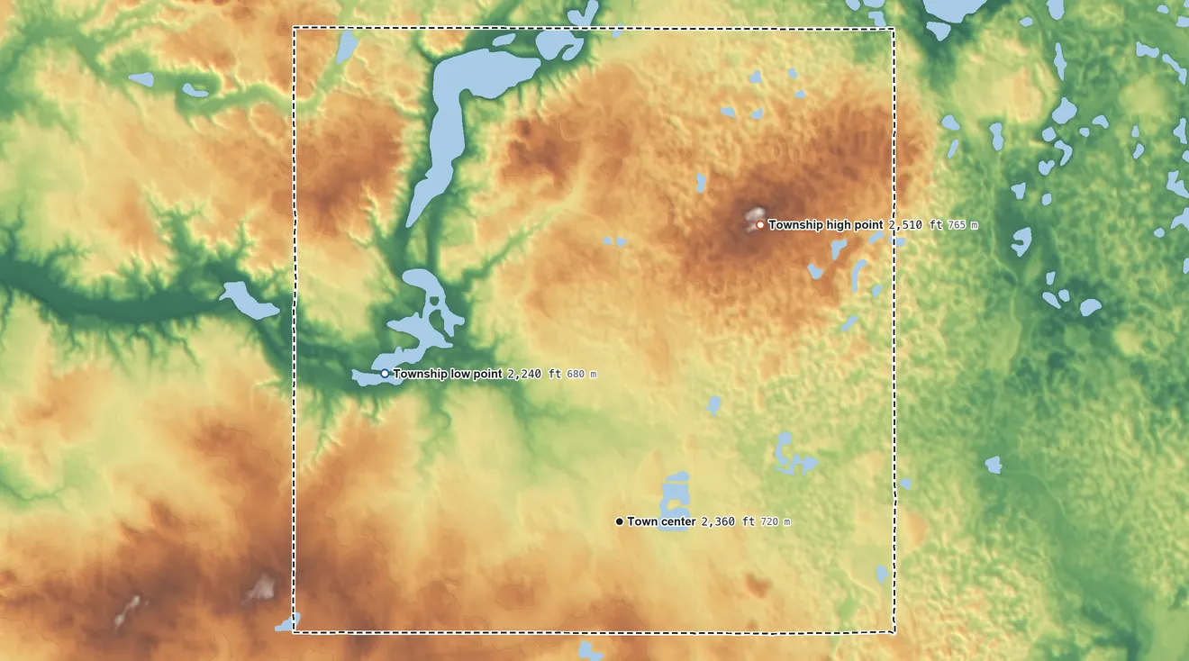Topographic elevation map of Lostwood Township, North Dakota, shaded from 2,240 ft on the northwest side to 2,510 ft on the northeast side
