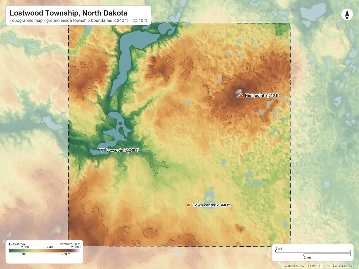 Topographic elevation map of Lostwood Township, North Dakota, shaded from 2,240 ft on the northwest side to 2,510 ft on the northeast side