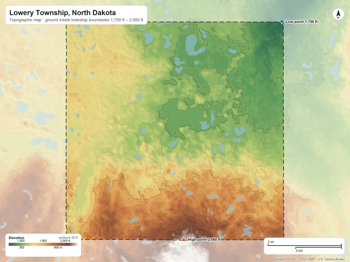 Topographic elevation map of Lowery Township, North Dakota, shaded from 1,750 ft on the northeast side to 2,060 ft on the south side