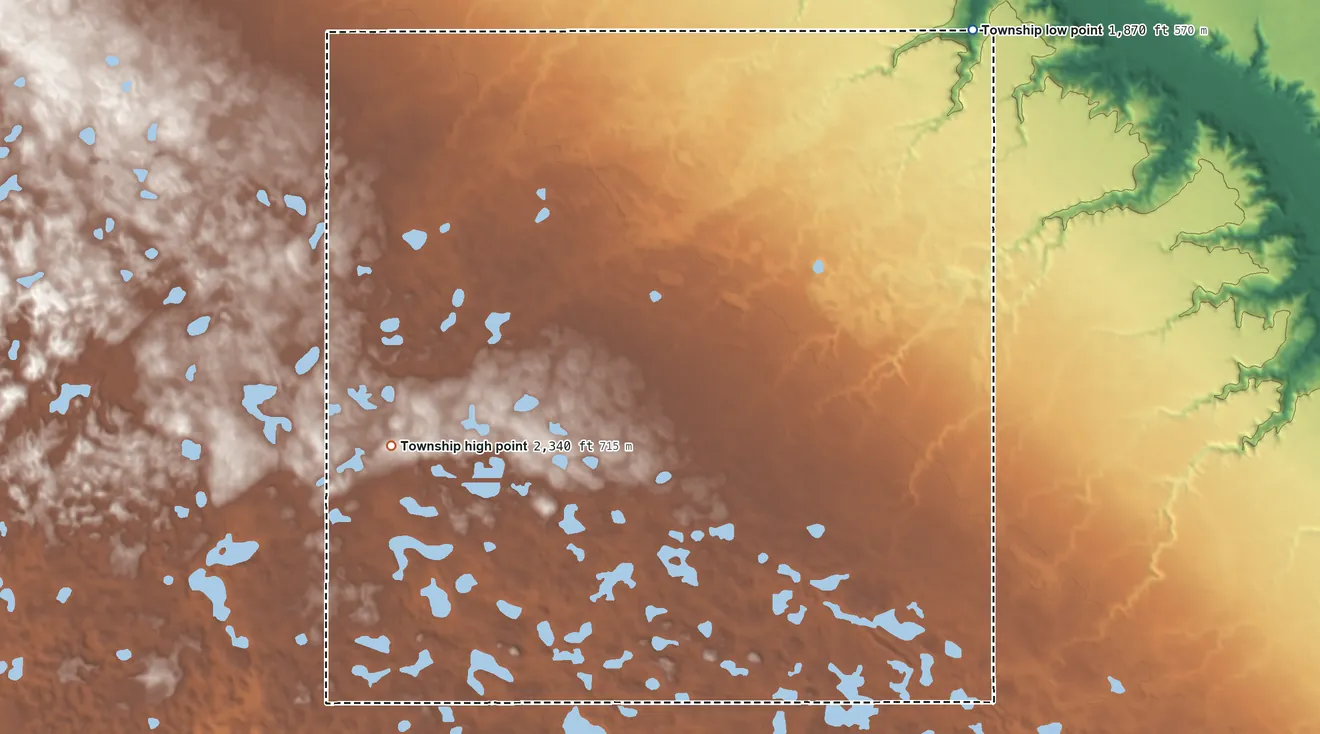 Topographic elevation map of Lowland Township, North Dakota, shaded from 1,870 ft on the northeast side to 2,340 ft on the southwest side