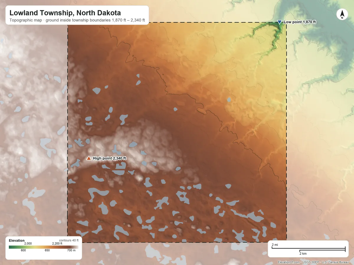 Topographic elevation map of Lowland Township, North Dakota, shaded from 1,870 ft on the northeast side to 2,340 ft on the southwest side