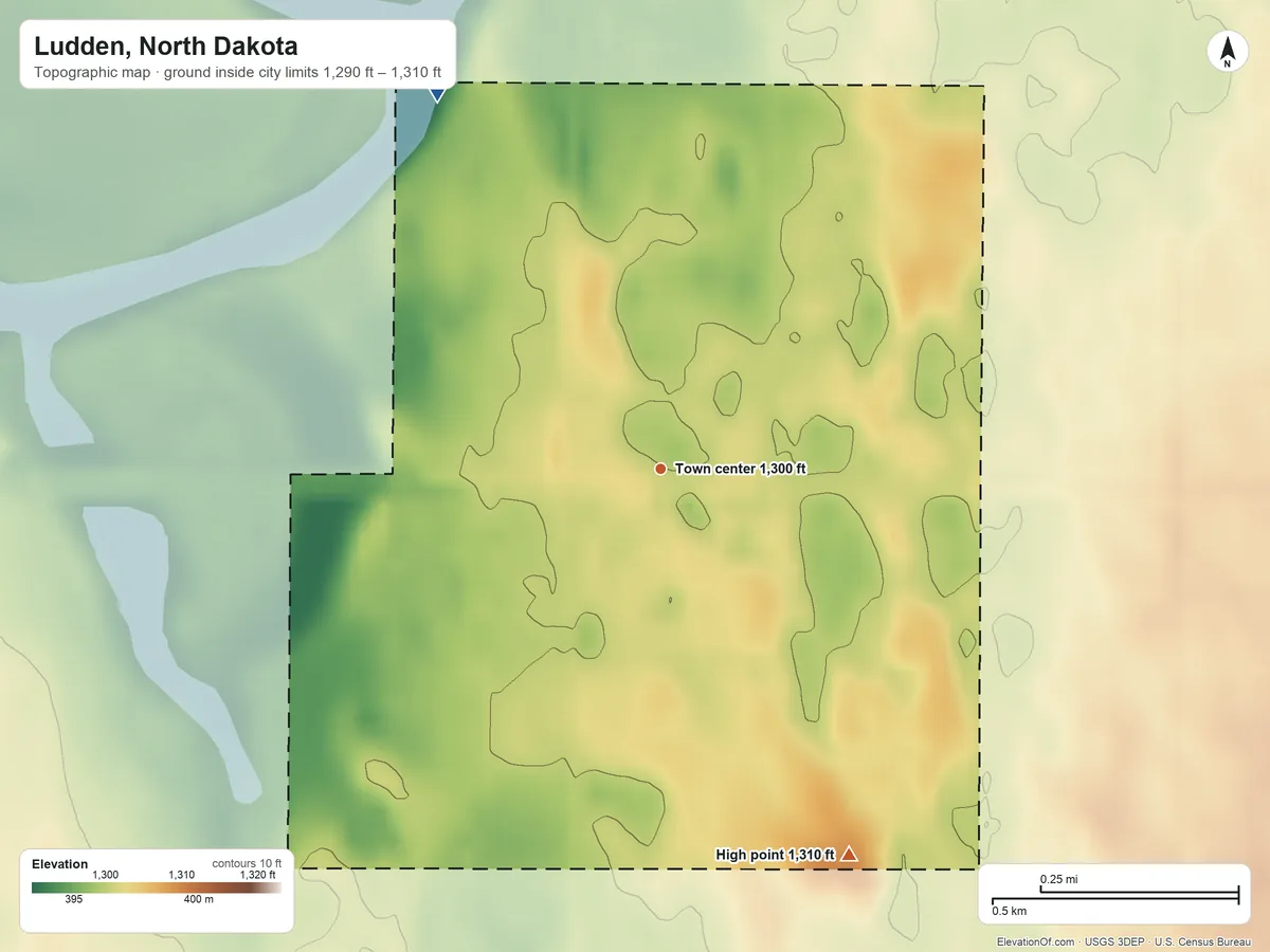 Topographic elevation map of Ludden, North Dakota, shaded from 1,290 ft on the northwest side to 1,310 ft on the southeast side
