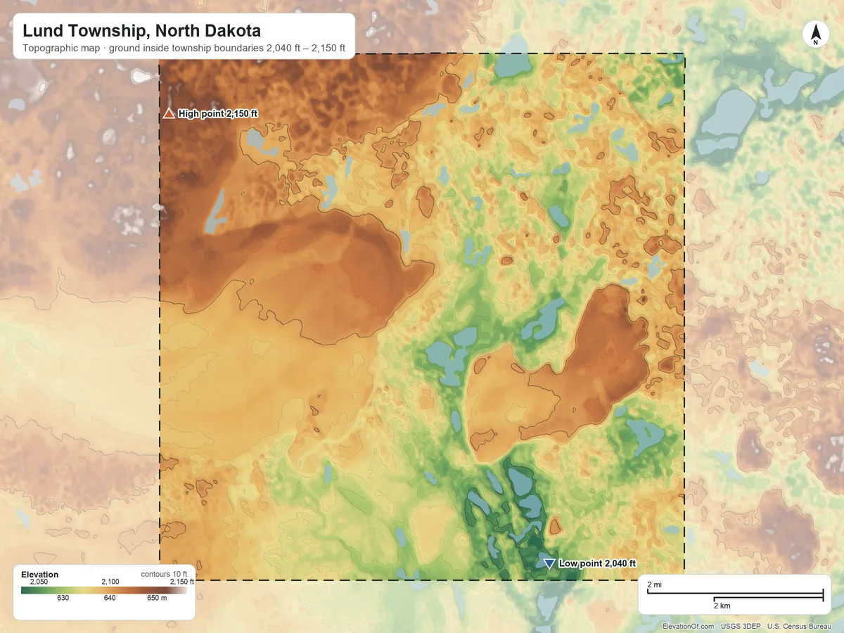 Topographic elevation map of Lund Township, North Dakota, shaded from 2,040 ft on the east side to 2,150 ft on the northwest side