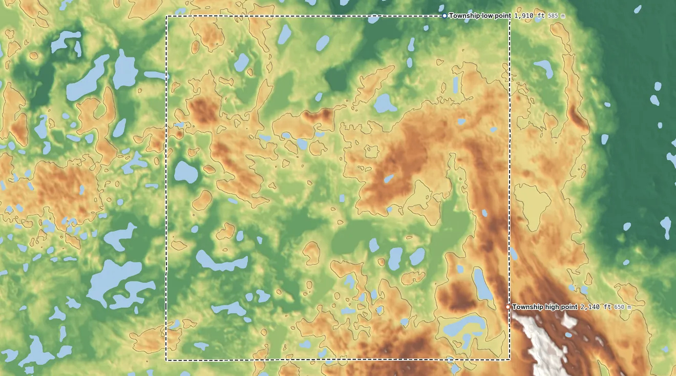 Topographic elevation map of Lynn Township, North Dakota, shaded from 1,910 ft on the north side to 2,140 ft on the southeast side