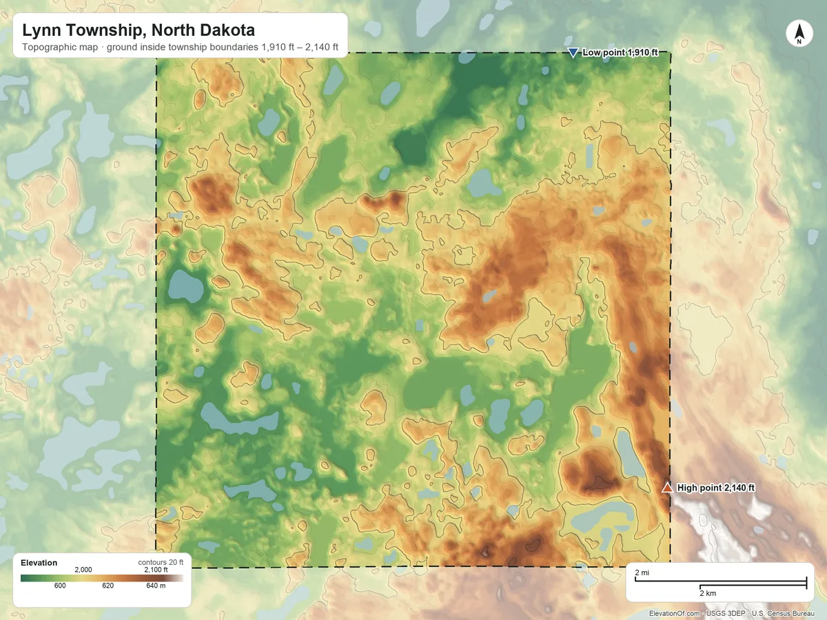 Topographic elevation map of Lynn Township, North Dakota, shaded from 1,910 ft on the north side to 2,140 ft on the southeast side