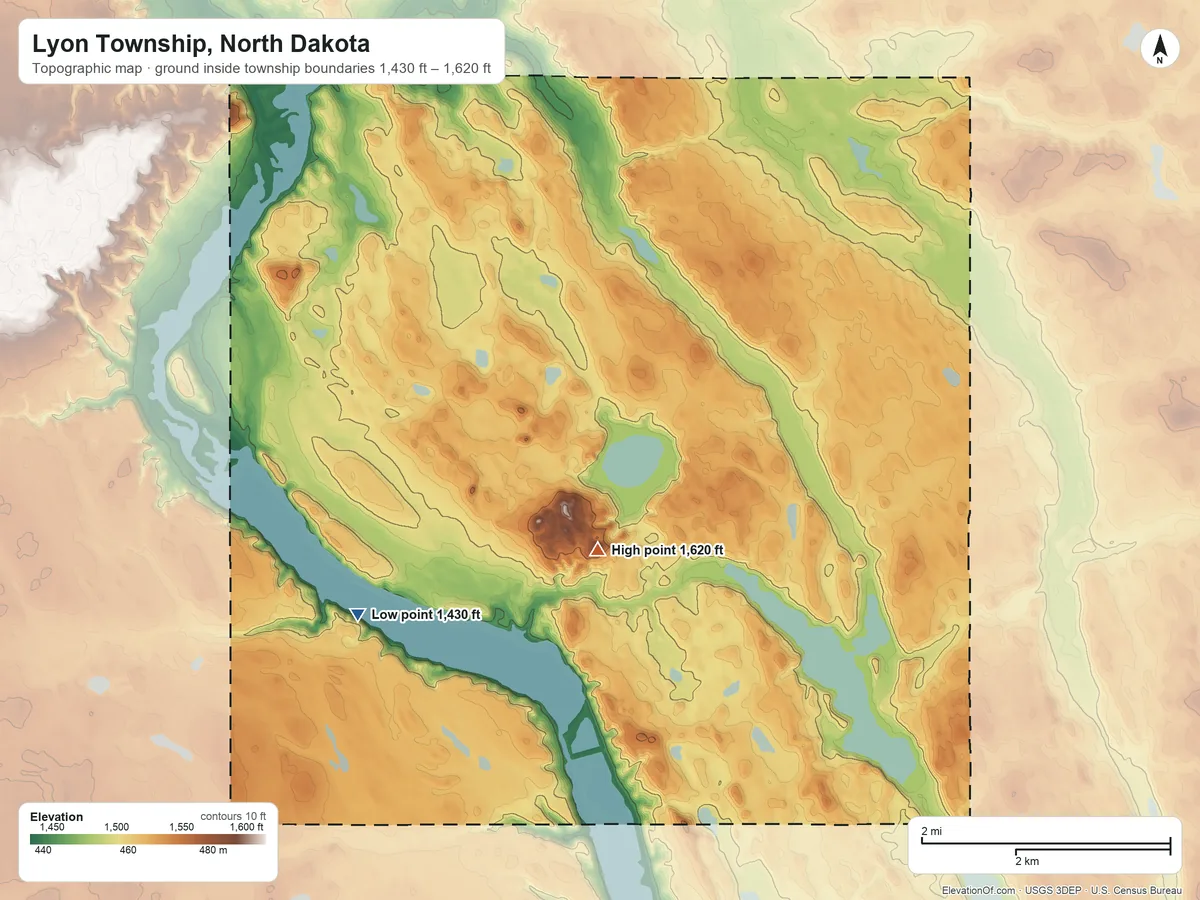 Topographic elevation map of Lyon Township, North Dakota, shaded from 1,430 ft on the west side to 1,620 ft near the middle