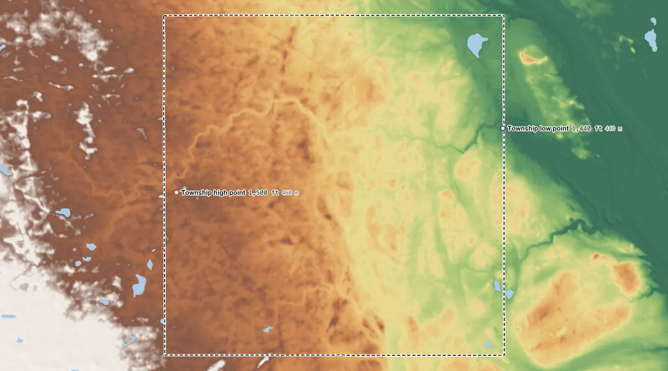 Topographic elevation map of Mabel Township, North Dakota, shaded from 1,440 ft on the east side to 1,500 ft on the west side