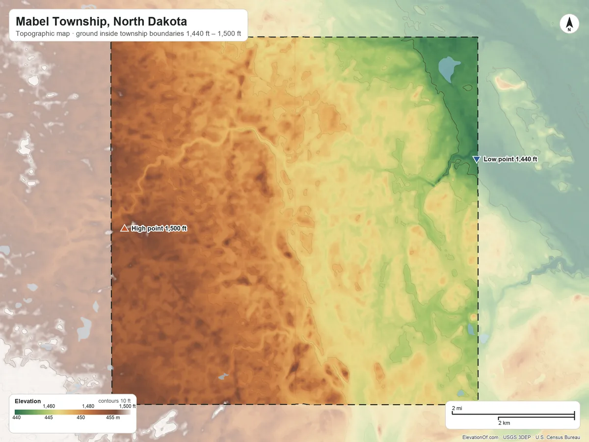 Topographic elevation map of Mabel Township, North Dakota, shaded from 1,440 ft on the east side to 1,500 ft on the west side