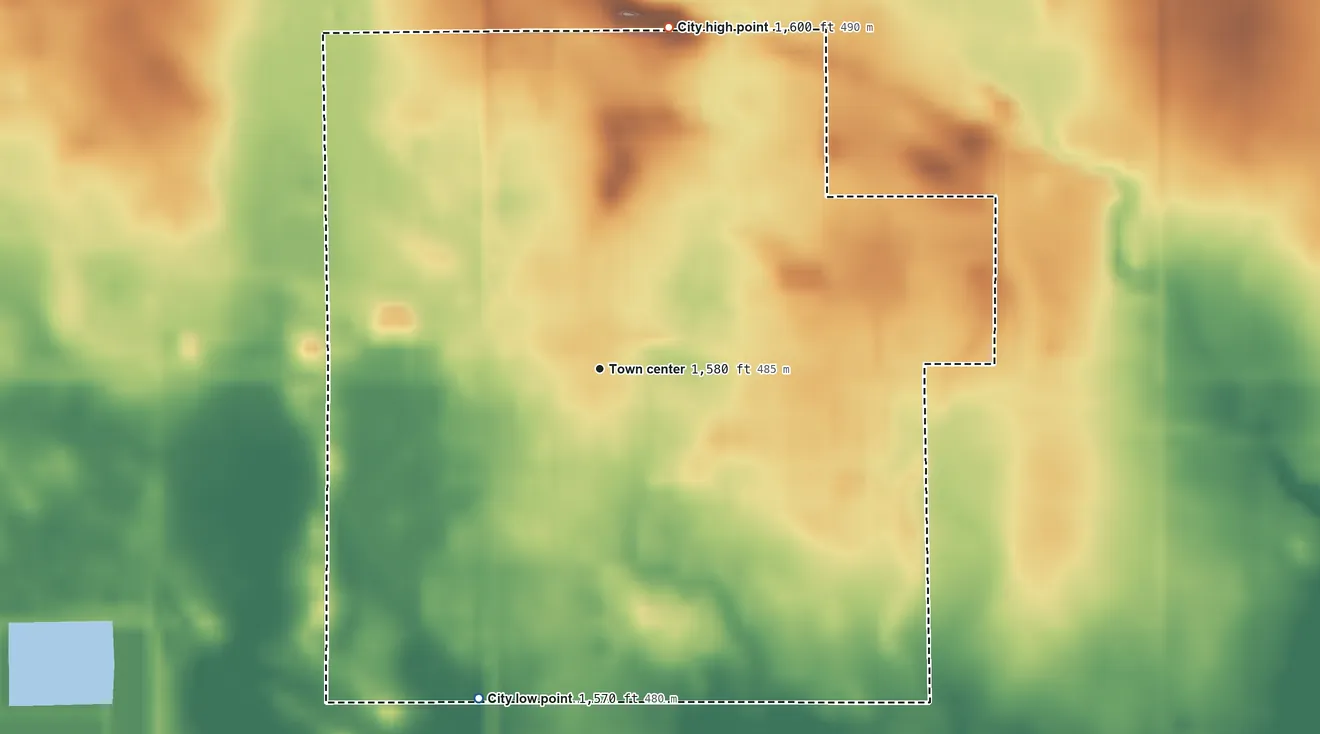 Topographic elevation map of Maddock, North Dakota, shaded from 1,570 ft on the south side to 1,600 ft on the north side
