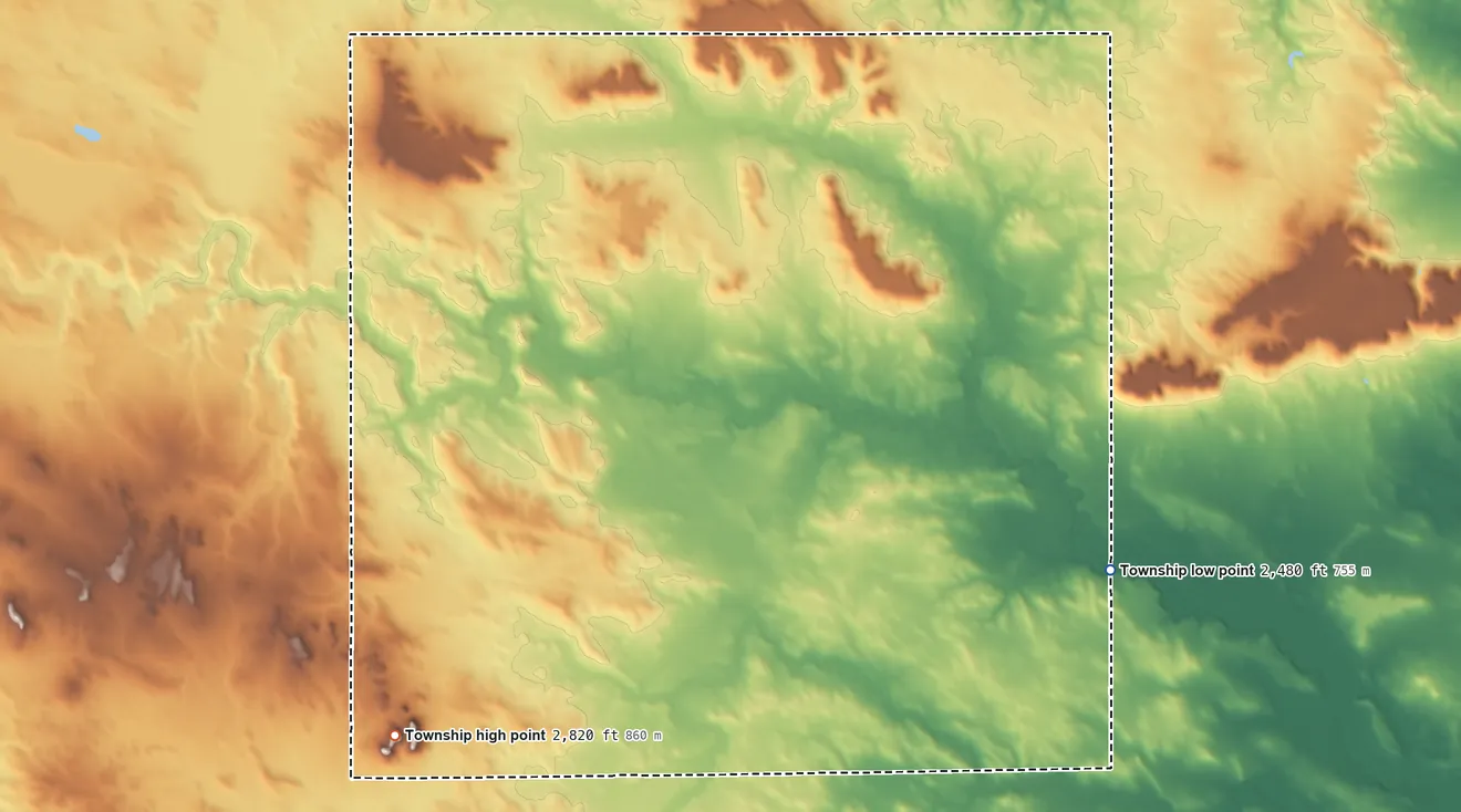 Topographic elevation map of Madison Township, North Dakota, shaded from 2,480 ft on the southeast side to 2,820 ft on Stony Butte