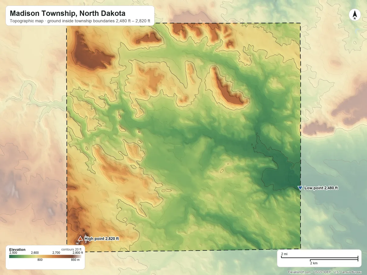 Topographic elevation map of Madison Township, North Dakota, shaded from 2,480 ft on the southeast side to 2,820 ft on Stony Butte