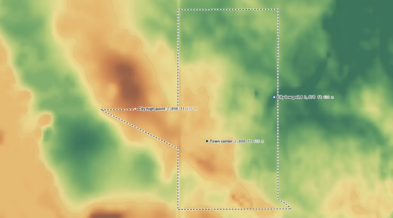 Topographic elevation map of Makoti, North Dakota, shaded from 2,070 ft on the northeast side to 2,090 ft on the northwest side