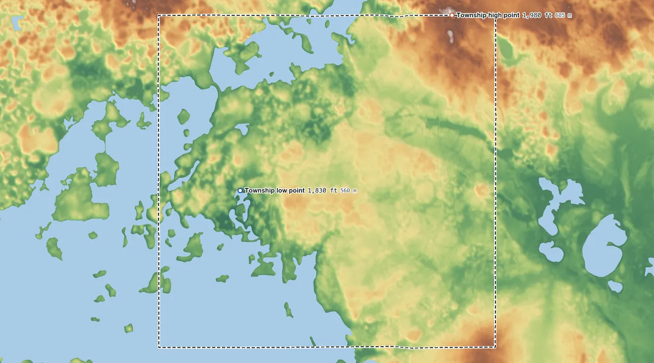 Topographic elevation map of Malcolm Township, North Dakota, shaded from 1,830 ft on the southwest side to 1,980 ft on the east side