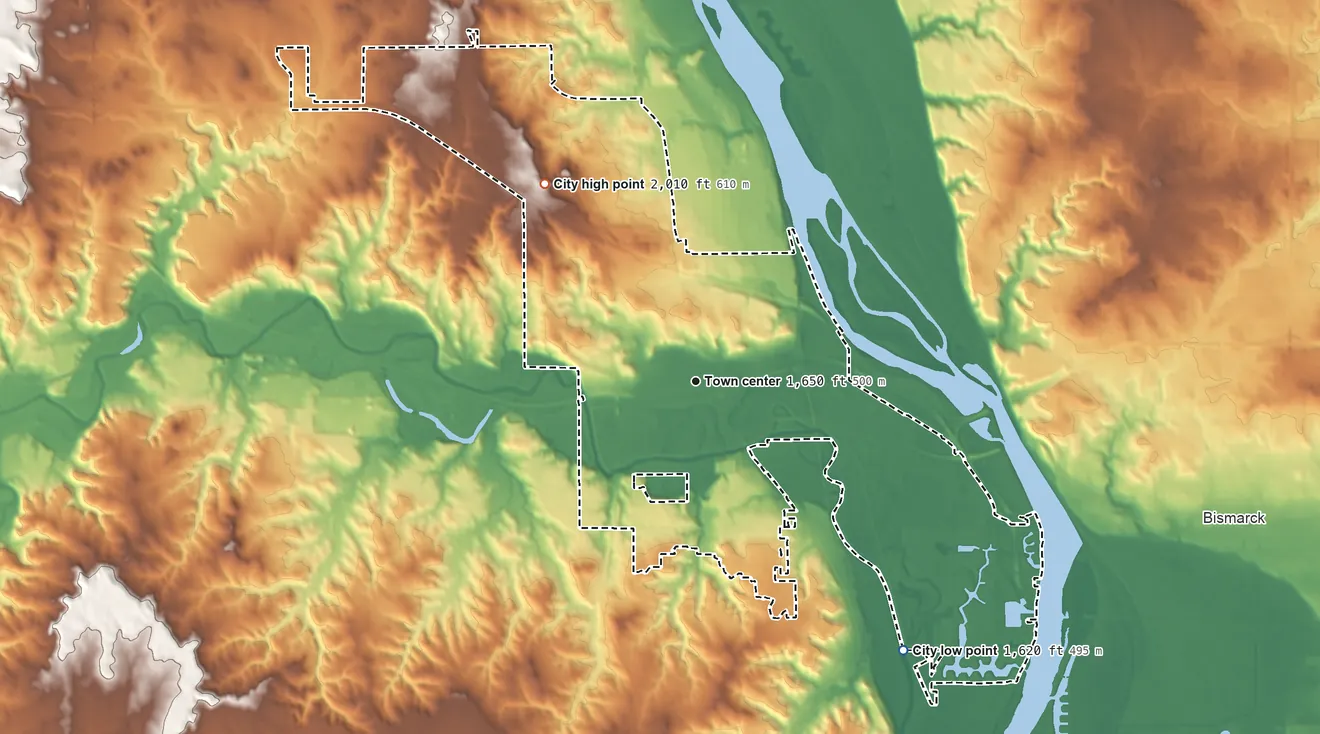 Topographic elevation map of Mandan, North Dakota, shaded from 1,620 ft on the southeast side to 2,010 ft on the northwest side