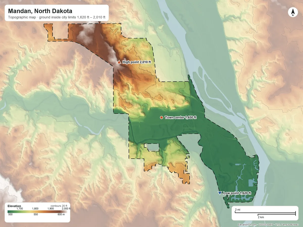 Topographic elevation map of Mandan, North Dakota, shaded from 1,620 ft on the southeast side to 2,010 ft on the northwest side