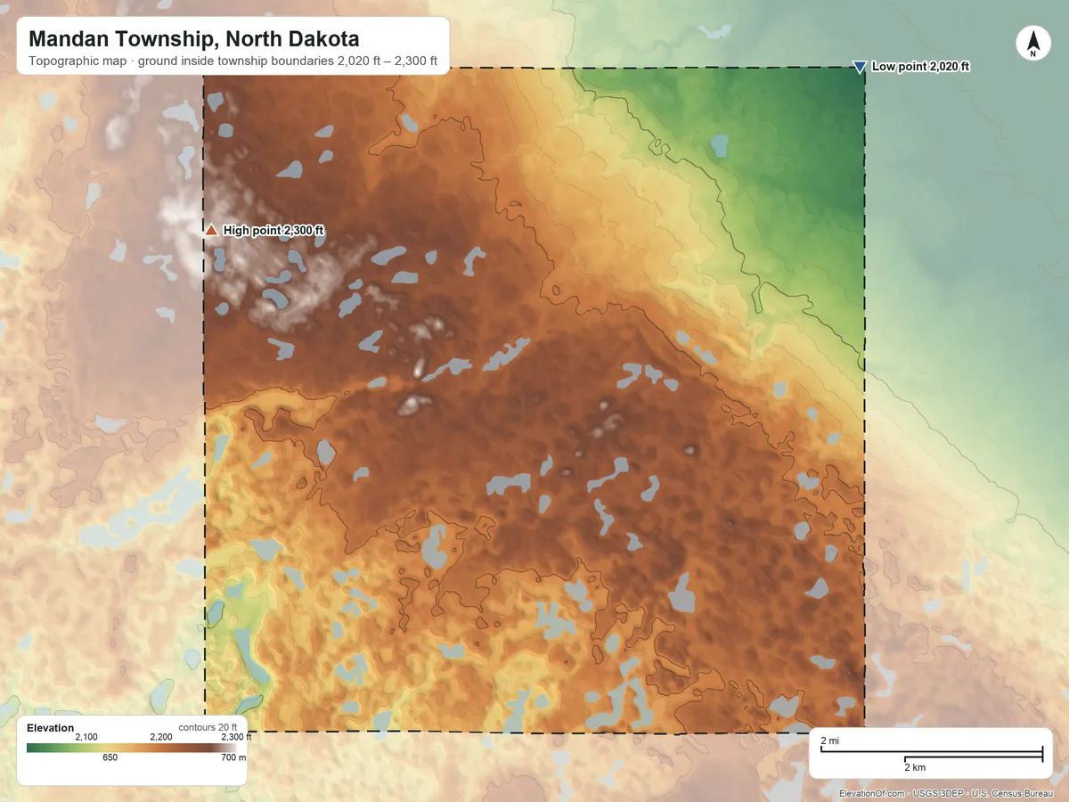 Topographic elevation map of Mandan Township, North Dakota, shaded from 2,020 ft on the northeast side to 2,300 ft on the northwest side