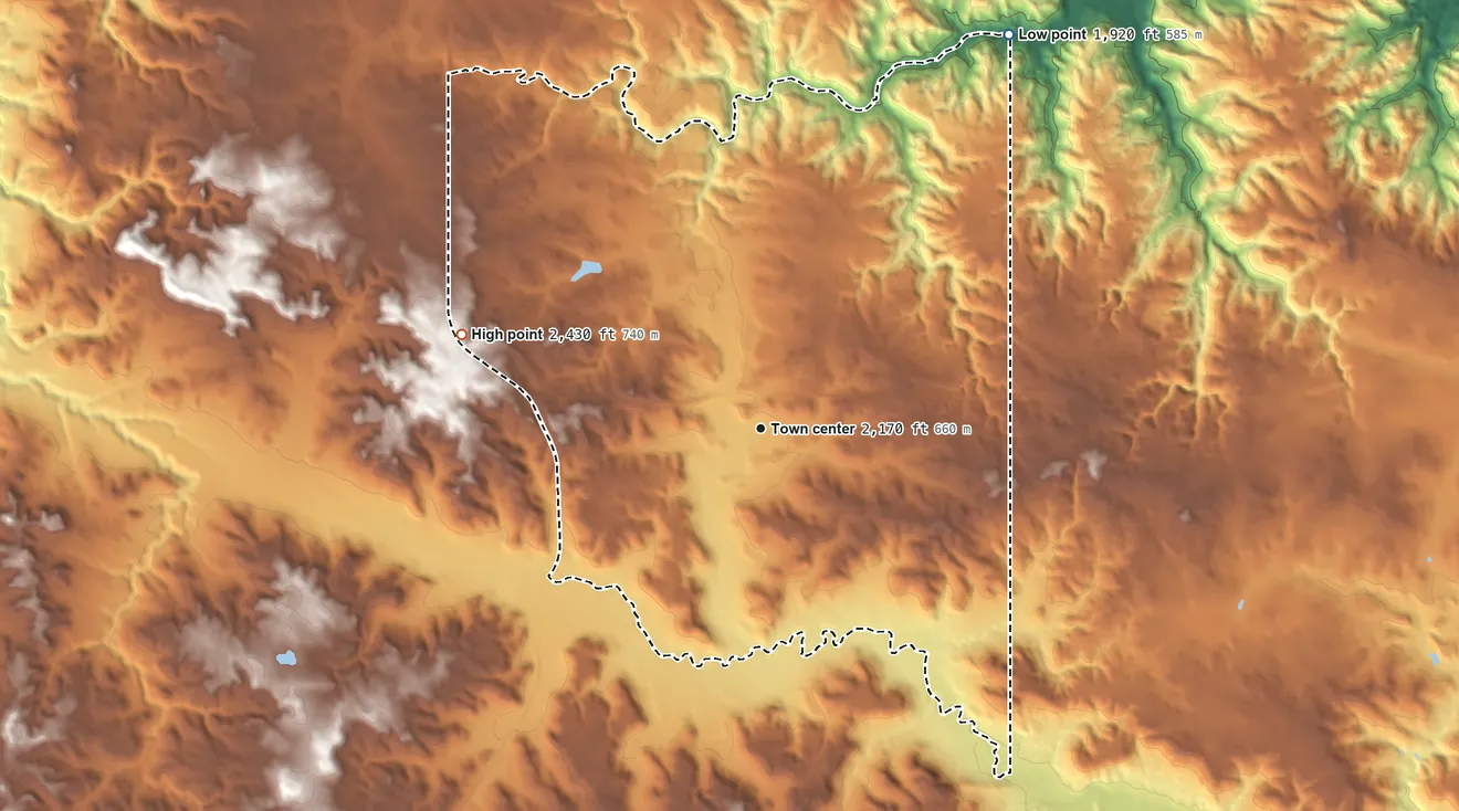 Topographic elevation map of Mandaree, North Dakota, shaded from 1,920 ft on the northeast side to 2,430 ft on the west side