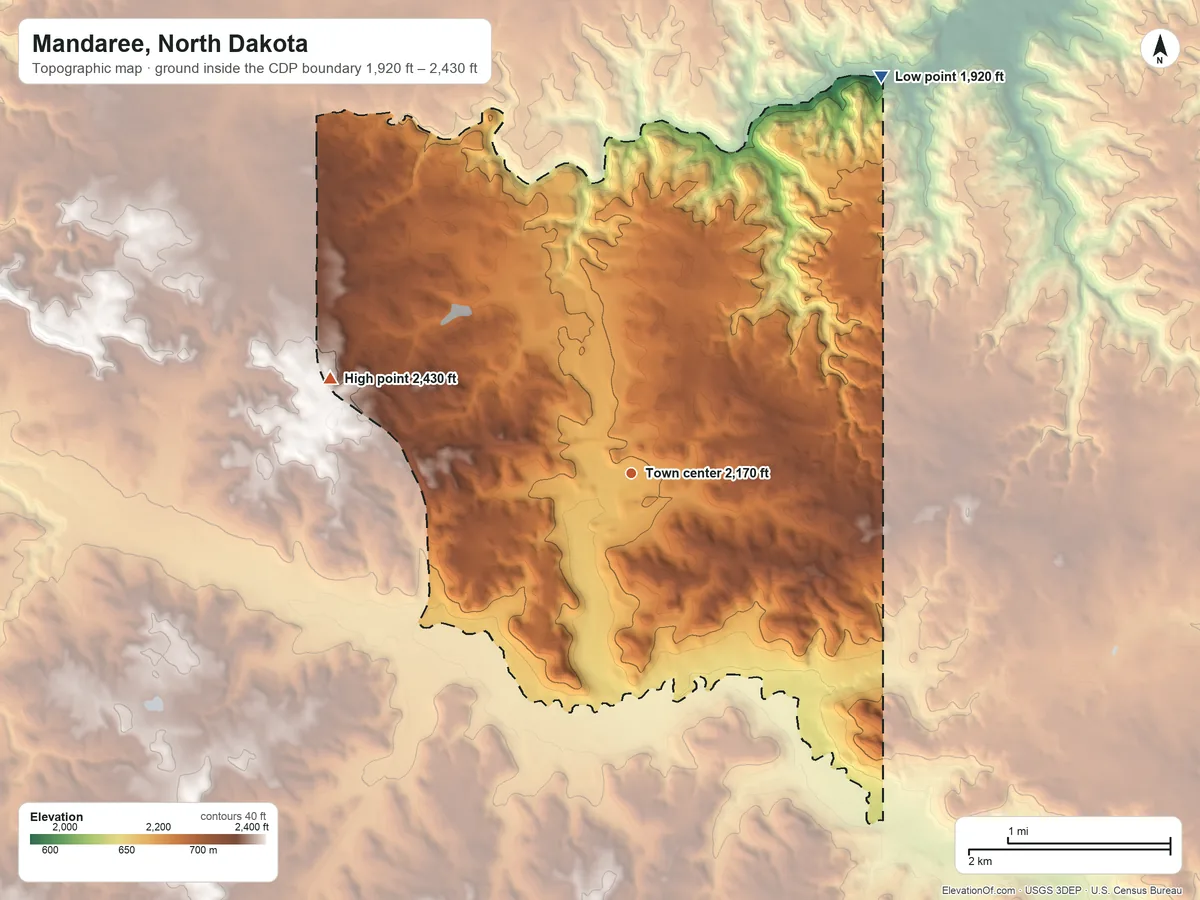 Topographic elevation map of Mandaree, North Dakota, shaded from 1,920 ft on the northeast side to 2,430 ft on the west side