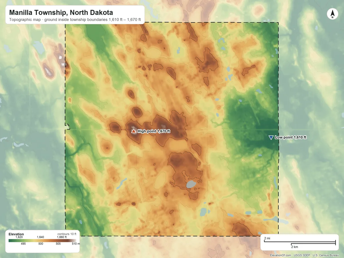 Topographic elevation map of Manilla Township, North Dakota, shaded from 1,610 ft on the east side to 1,670 ft near the middle