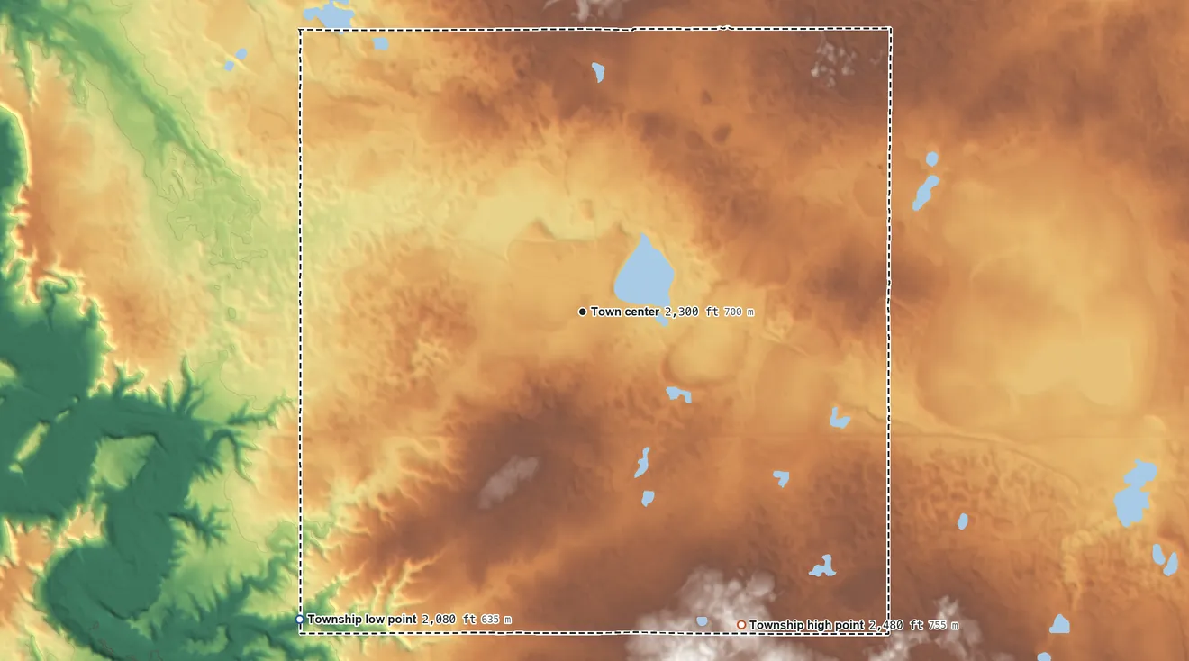 Topographic elevation map of Manitou Township, North Dakota, shaded from 2,080 ft on the southwest side to 2,480 ft on the southeast side