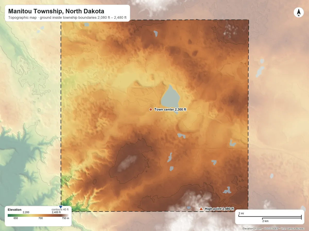 Topographic elevation map of Manitou Township, North Dakota, shaded from 2,080 ft on the southwest side to 2,480 ft on the southeast side