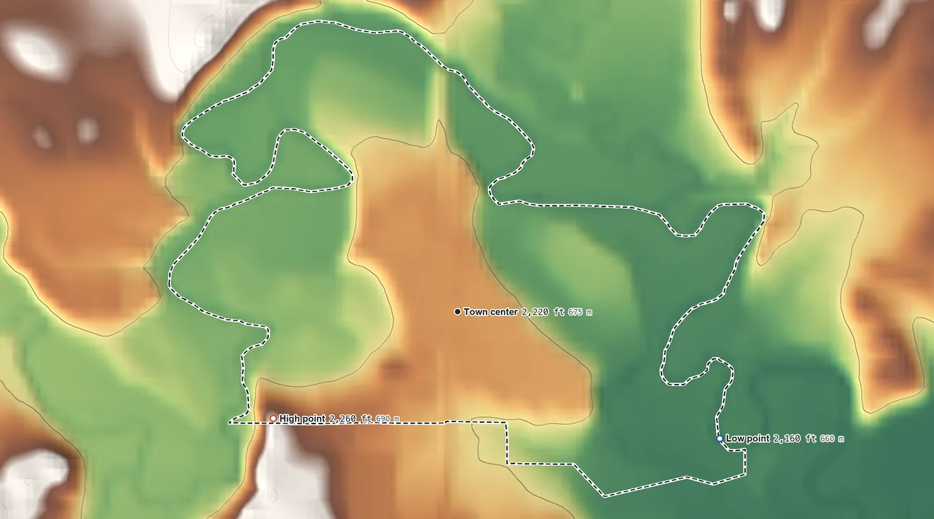 Topographic elevation map of Manning, North Dakota, shaded from 2,160 ft on the southeast side to 2,260 ft on the southwest side
