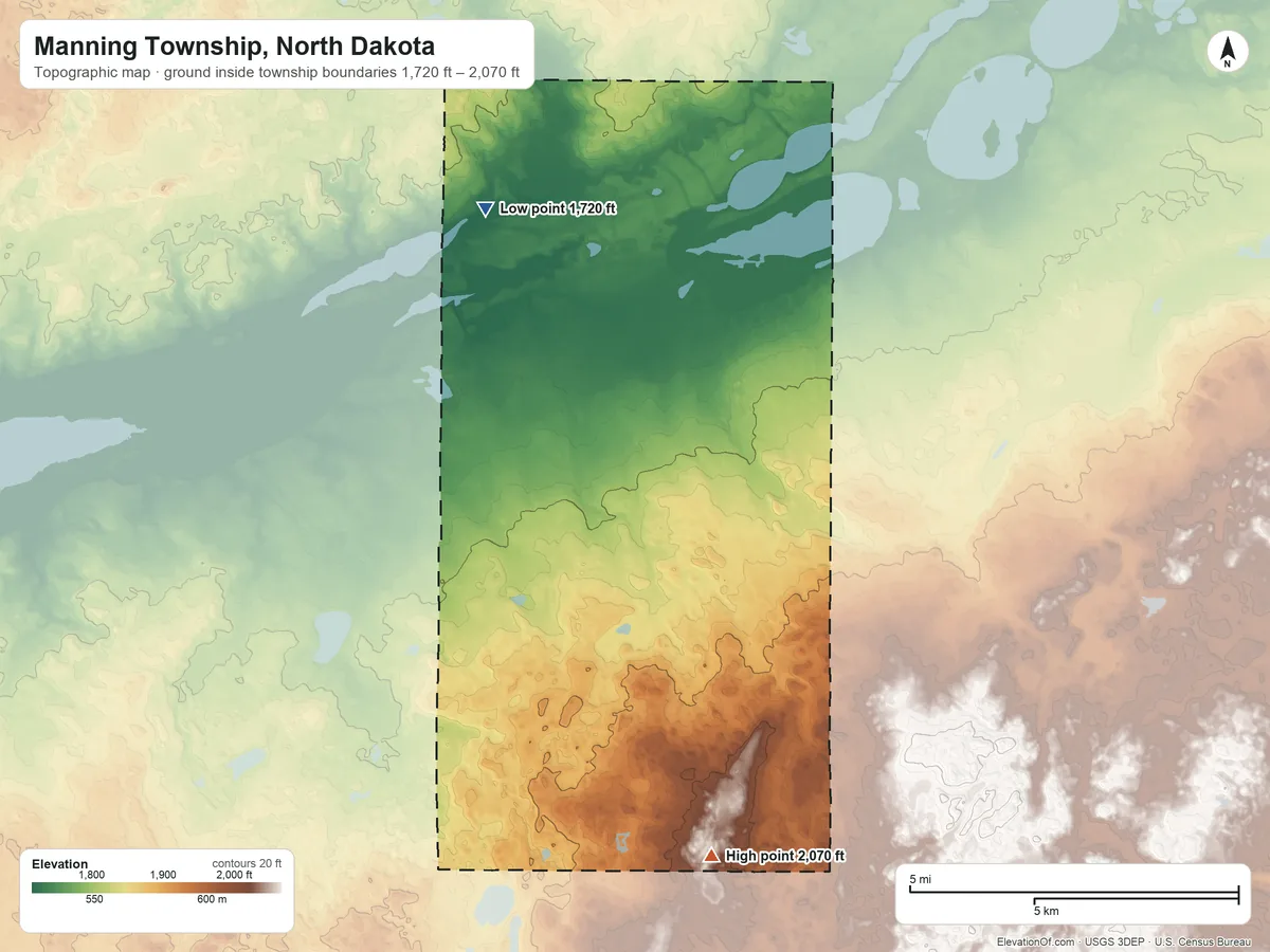 Topographic elevation map of Manning Township, North Dakota, shaded from 1,720 ft on the northwest side to 2,070 ft on the south side