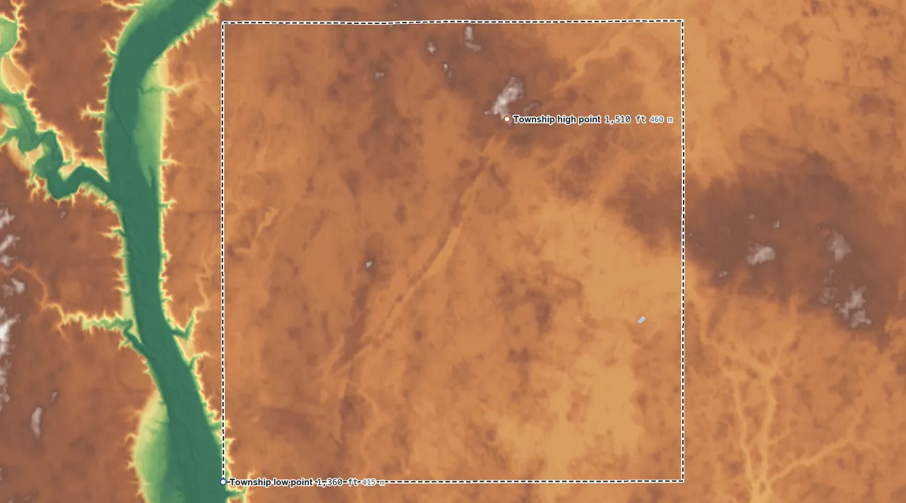 Topographic elevation map of Manns Township, North Dakota, shaded from 1,360 ft on the southwest side to 1,510 ft on the north side