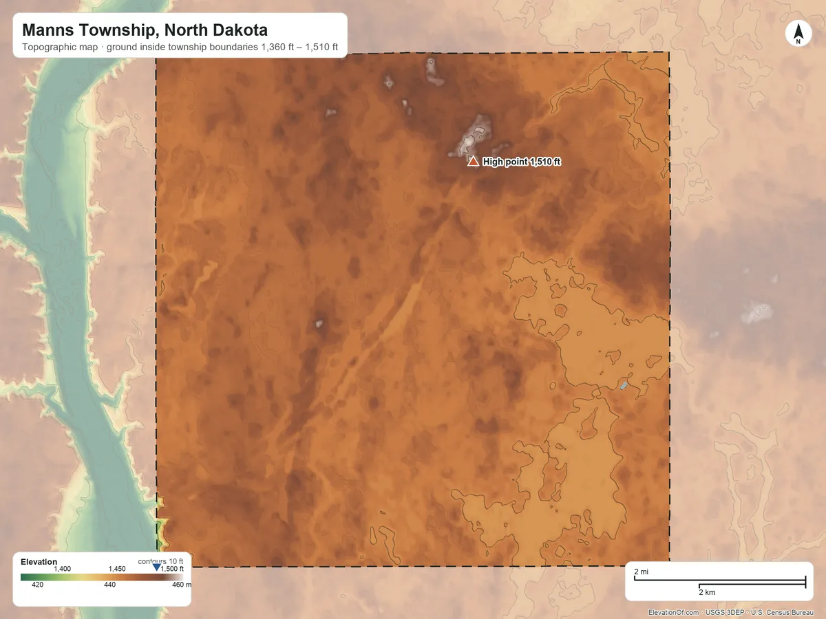 Topographic elevation map of Manns Township, North Dakota, shaded from 1,360 ft on the southwest side to 1,510 ft on the north side