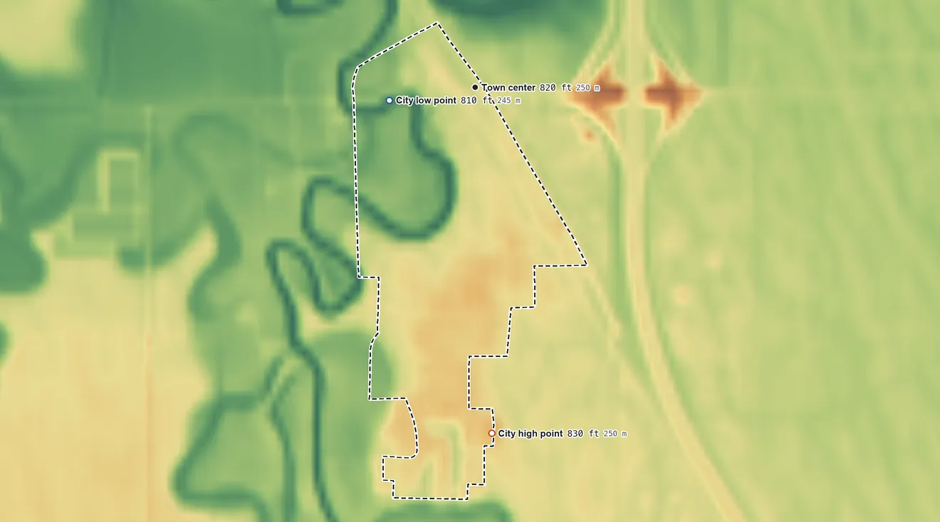 Topographic elevation map of Manvel, North Dakota, shaded from 810 ft on the west side to 830 ft on the south side