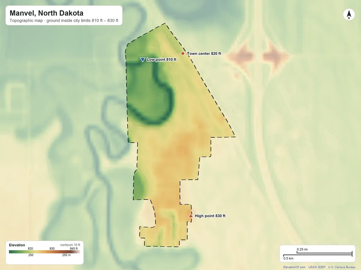 Topographic elevation map of Manvel, North Dakota, shaded from 810 ft on the west side to 830 ft on the south side