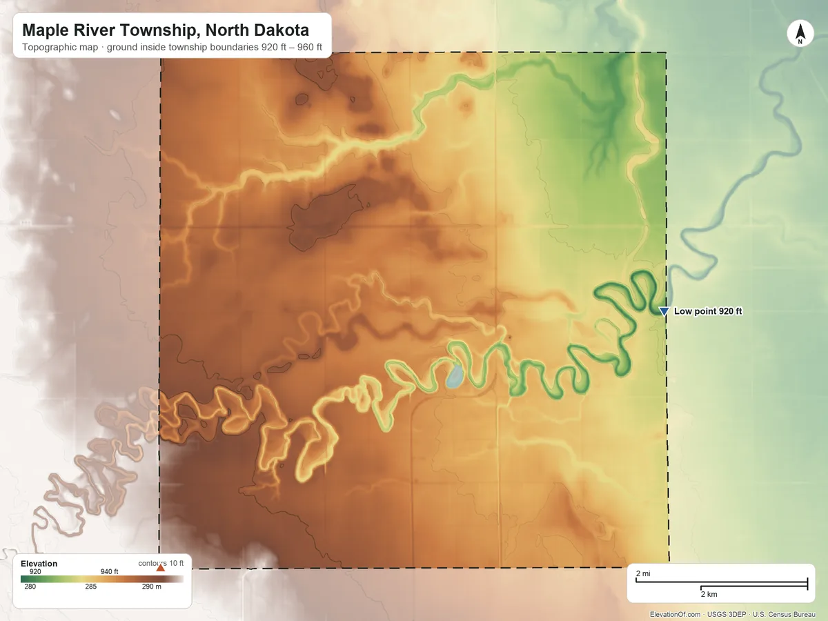 Topographic elevation map of Maple River Township, North Dakota, shaded from 920 ft on the east side to 960 ft on the southwest side