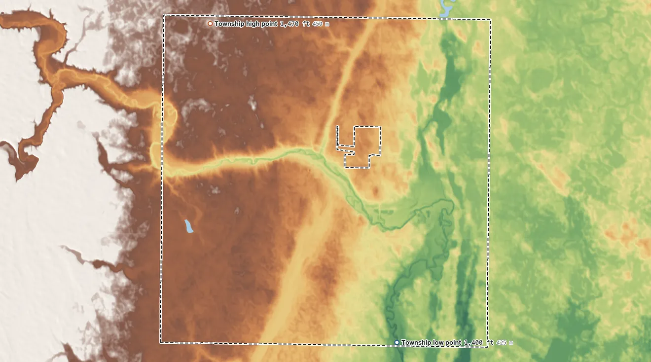 Topographic elevation map of Maple Township, North Dakota, shaded from 1,400 ft on the south side to 1,470 ft on the northwest side