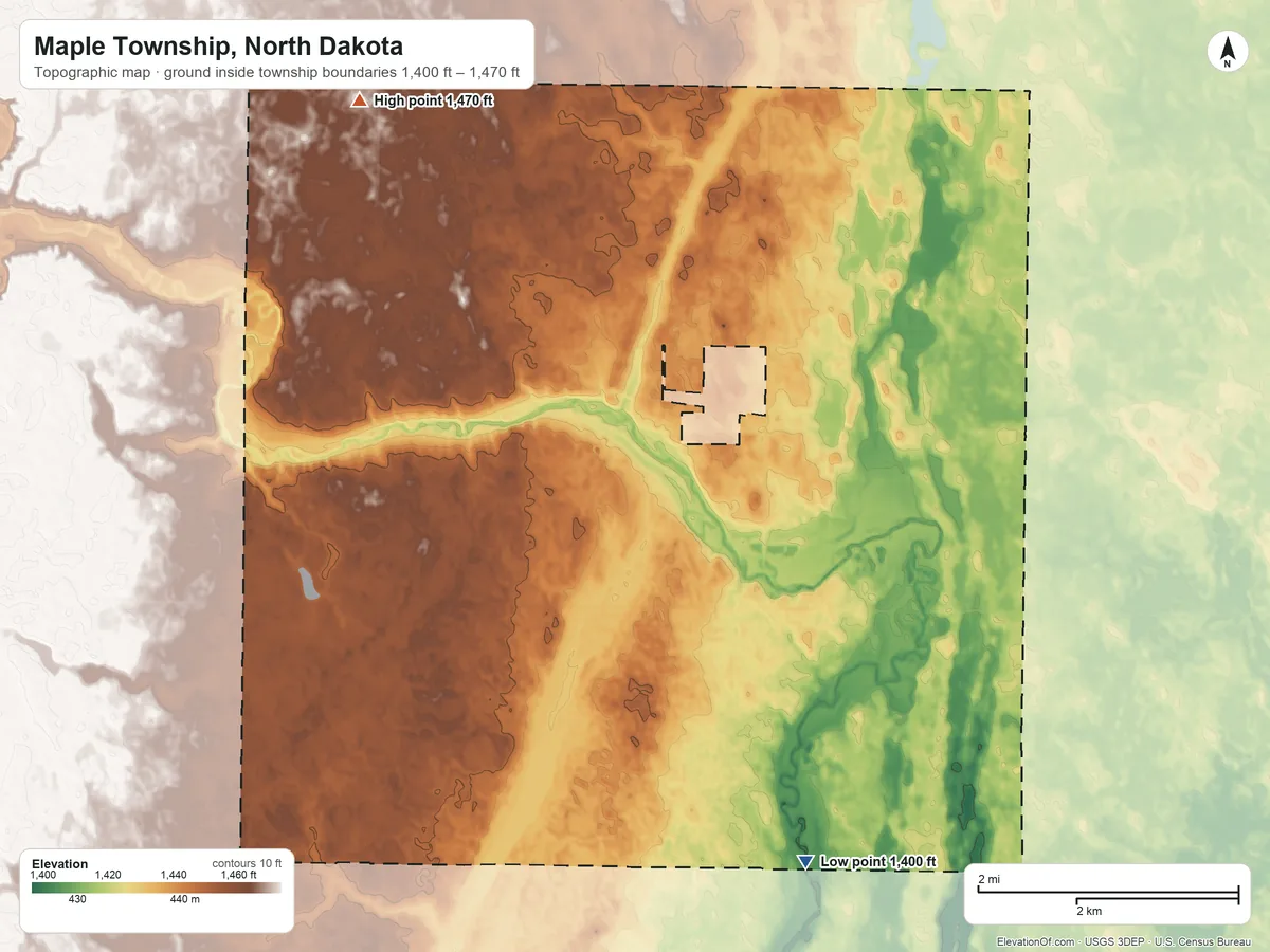 Topographic elevation map of Maple Township, North Dakota, shaded from 1,400 ft on the south side to 1,470 ft on the northwest side