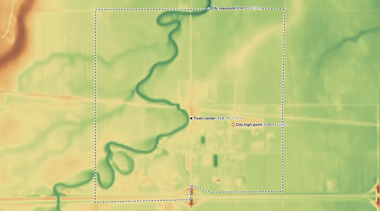 Topographic elevation map of Mapleton, North Dakota, shaded from 890 ft on the north side to 920 ft on the east side