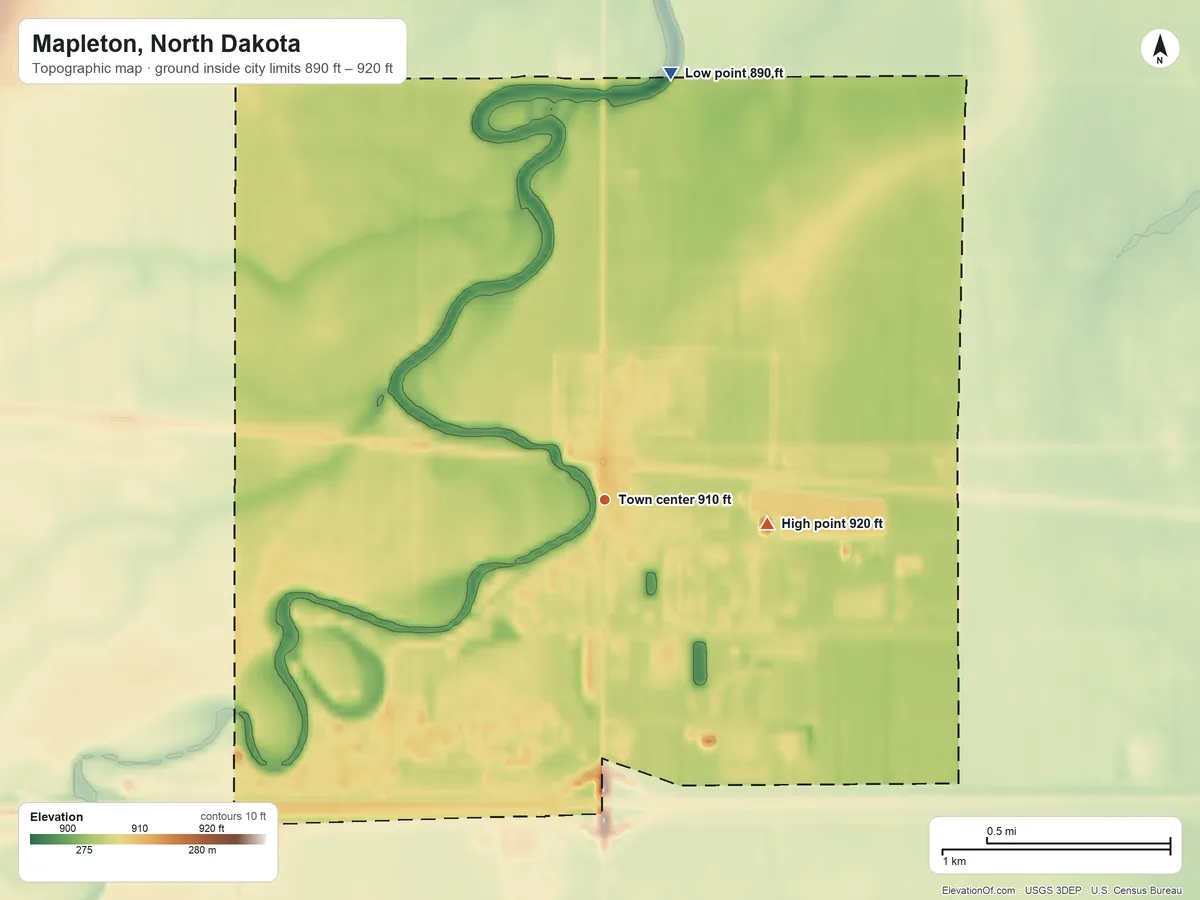 Topographic elevation map of Mapleton, North Dakota, shaded from 890 ft on the north side to 920 ft on the east side