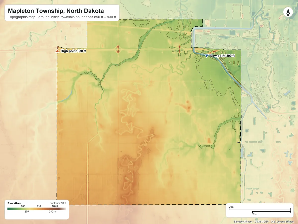 Topographic elevation map of Mapleton Township, North Dakota, shaded from 890 ft on the northeast side to 930 ft on the northwest side
