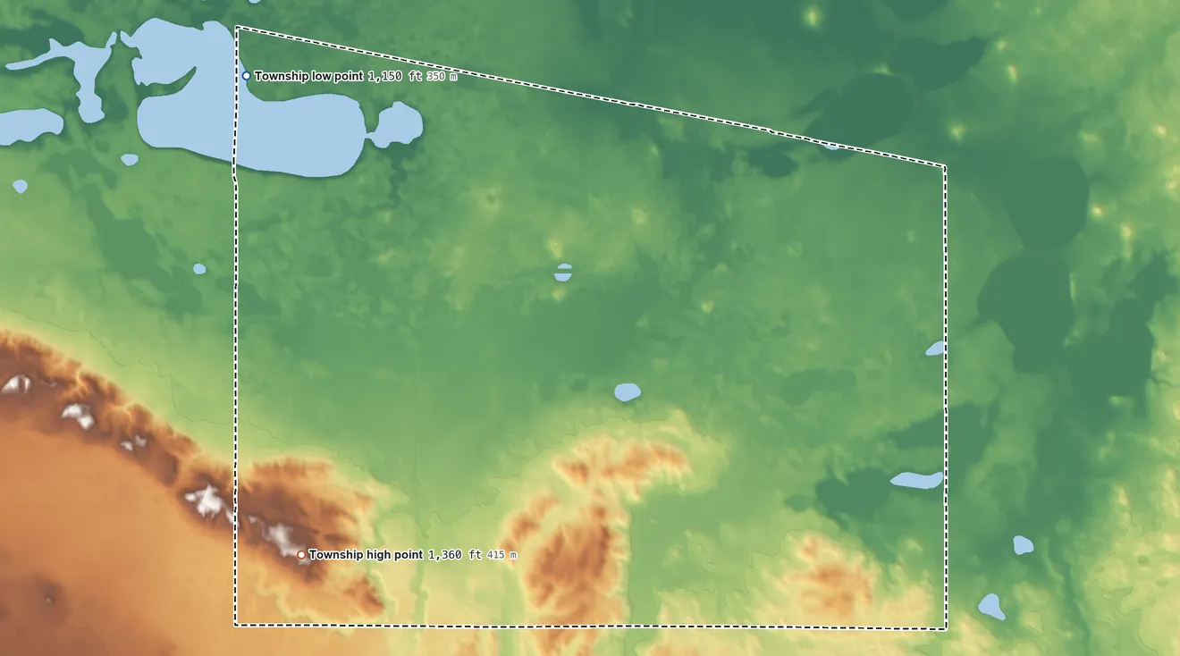 Topographic elevation map of Marboe Township, North Dakota, shaded from 1,150 ft on the northwest side to 1,360 ft on the southwest side